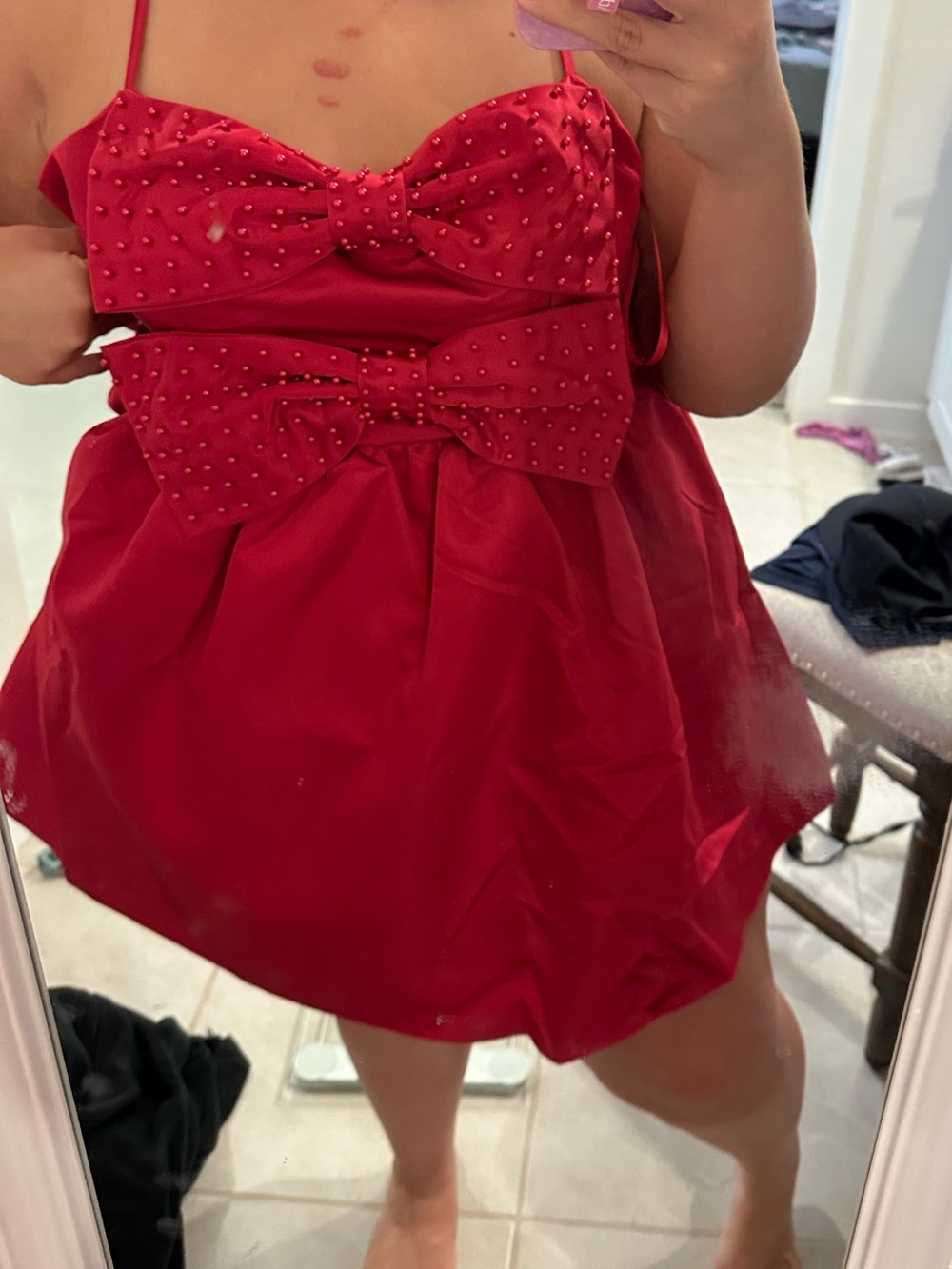 Red Satin Bow Babydoll Dress - Picture 3 of 4